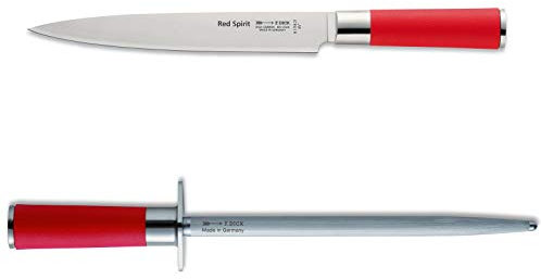 Dick Red Spirit langes Tranchiermesser 21 cm Set mit rundem Standardzug Wetzstahl 25 cm