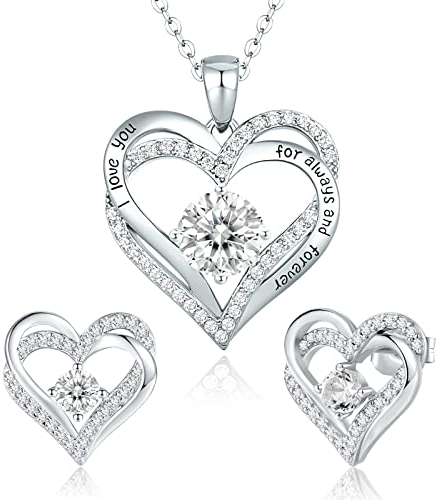 CDE Schmuckset Damen Muttertagsgeschenk 925 Sterling Silber Forever Love Herz Rosegold Geburtsstein Halskette und Ohrringe Set für Frauen Schmuck Geschenk Geburtstag Valentinstag Weihnachten