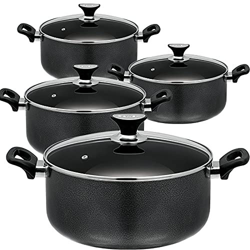Non Stick Stockpot Set with Tempered Glass Lid Shallow Casserole Dish Soup Pan Stock Pots Heat-Resistant Handles - Casserole Pan with Lid Including 24cm, 26cm, 30cm & 32cm