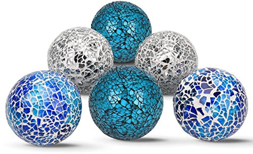 Hiziwimi 6Pcs Decorative Ball Set, 6cm/2.4inch Mosaic Glass Orbs CenterPc Balls Decor Glass Solid Ball Mirror Glass Ball Decorate Bowls Vases Tables Wedding Party (Mixed Color)