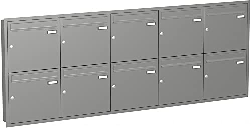 Briefkastenanlage Unterputz mit eckiger Verkleidung Modell U1 Farbe RAL 9007 Graualuminium, Größe mit 10 Briefkästen