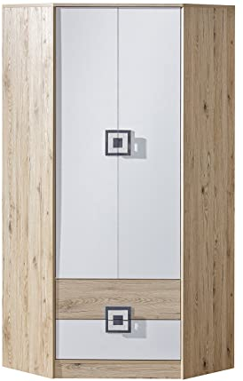 Marmex Nico N2 Eckkleiderschrank - Hochwertige Möbelbeschläge - Kleiner Kleiderschrank - Kleiderschrank für Jugend, Kinderzimmer - Eiche Hell + Weiß + Grau - 87x190x87cm