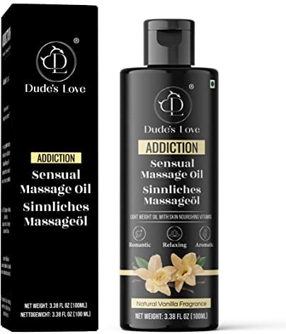 Dude's Love - Addiction - Vanille Sinnliches Massageöl - Stressabbau & Stimulation | Essbare Massageölmischung mit natürlicher Vanille & Jasmin |Nährt der Haut Feuchtigkeit - 100 ml