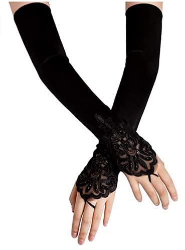Nv Wang Handschuhe für Frauen Mädchen,Abendhandschuhe Satin Handschuhe Lang Opernhandschuhe Tanzhandschuhe 1920 handschuhe für Frauen Mädchen (Fingerlose Schwarz)