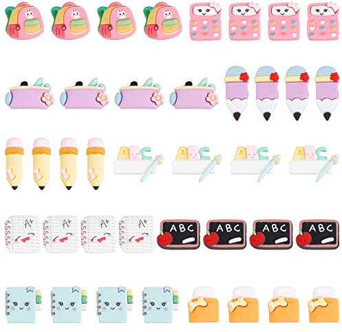 SUNNYCLUE 100 Stück 10 Stile Schul Cabochons Harzschleim Anhänger Back To School Supplies Bleistift Radiergummi Tafellineal 3D Cabochons Für Verzierungen Flache Rückseite Scrapbooking Deko Haarspangen