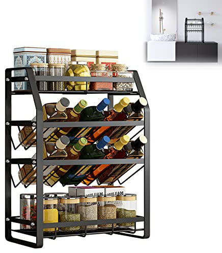Froadp Gewürzregal 4 Entagen Metall Gewürzständer Küchenregal Stehend Organizer Gewürzhalter 35 x 20 x 52 cm Multifunktionale Regale für Küche Schränke Arbeitsplatten Badezimmer (Schwarz)