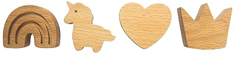 PLANIMAL® Set mit 4 Kommode Griffe Kinder aus Holz - Griffe Kinderzimmer auch in 4 verschiedenen Designs - Hemnes Kommode Knöpfe je 1 Stück Einhorn, Krone, Herz, Regenbogen - inklusive Schrauben
