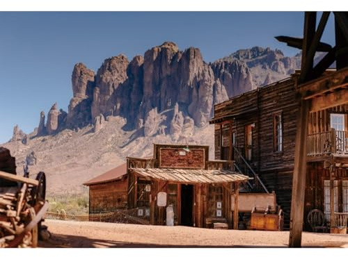 YongFoto 3,5x2,5m Toile de Fond Western Cowboy Cabine Poste de courrier Montagne Région Sauvage Fond de Photographie Soirée à thème Paysage Naturel Voyage Bannière de Table Séance Photo Accessoires