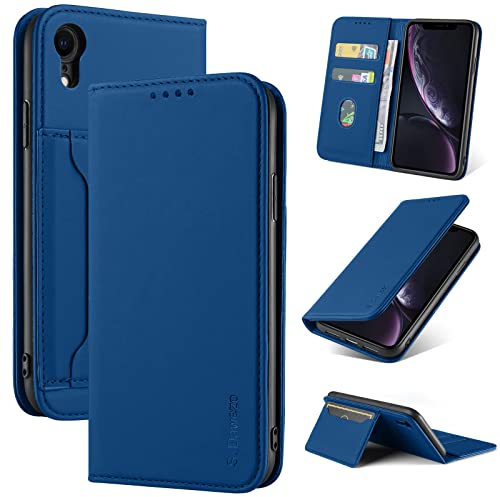 S. Dawezo Handyhülle für iPhone XR Hülle,Premium Leder Klappbare Flip Case [Stoßfeste][Magnetische][Standfunktion] [Kartenfächern] Tasche Schutzhülle für iPhone XR-Blau