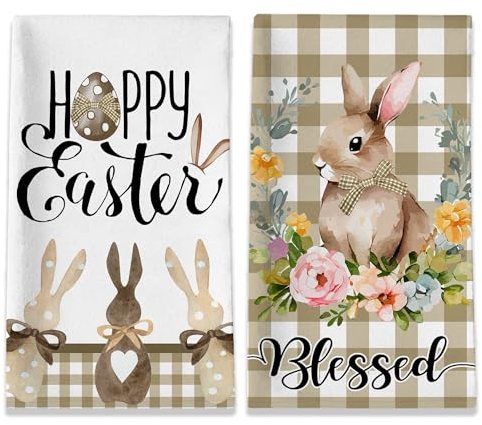 Unibyby Oster-Küchentücher, Osterhandtücher, 2er-Set, Happy Easter Bunny Geschirrtücher für Küche mit Eiern und Blumen, Urlaub, Frühling, Einweihungsgeschenke, Dekorationen für Zuhause, 45,7 x 71,1 cm