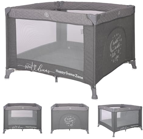Lorelli Baby Laufstall Sunny Playground, Kleiner Laufgitter 100x100 cm, Absperrgitter mit atmungsaktivem Netz, Schutzgitter mit Reißverschlusstür, Faltbarer Krabbelgitter, grau
