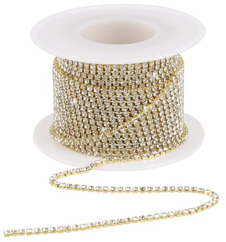 1 Rolle 10m x 2mm Kristall Strassband Chain, Silber Strassband, Strass Borte Band, Rhinestones Diamant Borte Band, Glitzer Basteln für Nähen von Kleidung,Hochzeit Deko, Schmuck DIY(Gold)
