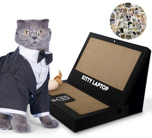 Kitty Laptop - Spielzeug für Katzen mit interaktiver Plüschmaus mit Katzenminze - Katzen-Computerspielzeug gegen Langeweile mit 50 Aufklebern