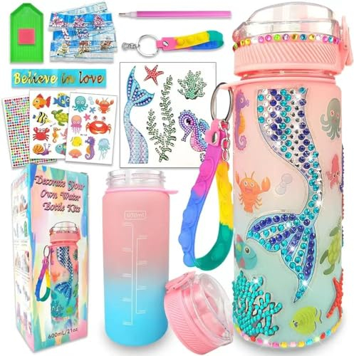 Idrese Geschenke für Mädchen 5 6 7 8 9 10 Jahre, Wasserflasche set Diamond Painting mit Edelstein DIY Trinkflasche Kinder Basteln Mädchen Geburtstagsgeschenk Kinder(A)