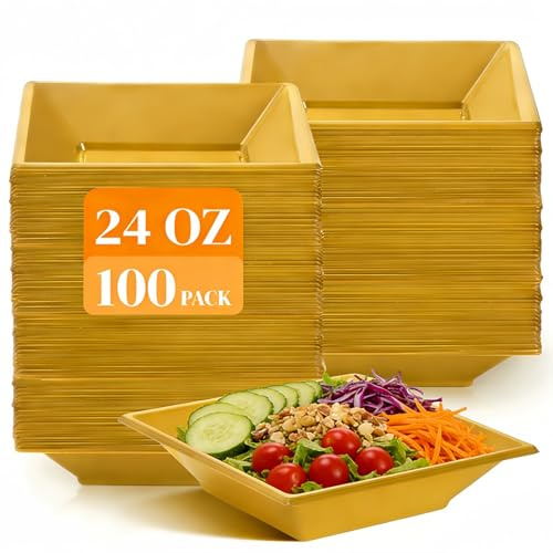 Tlence 100 Pack Square Plastic Serving Bowls, 24oz Disposable Snack Salad Bowl, Gold Party Bowl Containers for Fruit Appetizers Ice Cream, Perfect for Wedding Birthday Home Gathering Outdoor