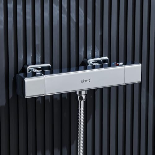 Ulytid Mitigeur Douche Thermostatique, Mitigeur Thermostatique Mural avec Bouton Sécurisé à 38°C Anti-brûlure, Robinet Baignoire Entraxe 150mm pour Salle de Bain, Forme Carrée, Finition Chromé