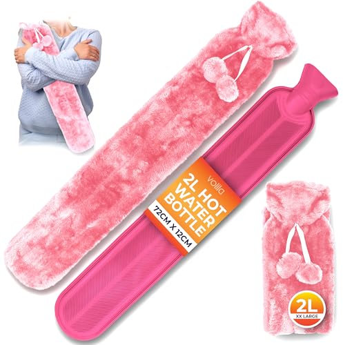 Long Hot Water Bottle for Back Ache and Pain Relief - 2L Soft Faux Fur Covered Hot Water Bottle with Cover and 2 Hanging Pom Poms - 72cm Luxury, Soft and Washable Hot Water Bag (1 Pack) (Pink)