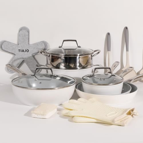TIAJO 17-teiliges Topf- und Pfannenset, antihaftbeschichtet, Keramik-Kochgeschirr-Set mit Utensilien und Topfschutz, PFAS-, PTFE- und PFOA-frei, induktionsgeeignet, spülmaschinenfest, ofenfest, weiß