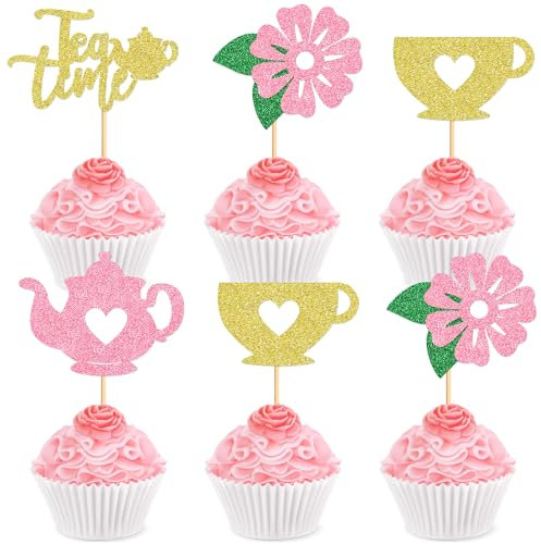 Cyodoos 24Pcs Tea Party Cupcake Toppers Teapot Cupcake Toppers Floral Tea Themed Birthday Party Cake Picks Afternoon Tea Decorations for Baby Shower Princess Tea Party Supplies