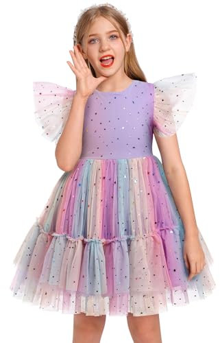 Odizli Vestito estivo da bambina con glitter arcobaleno a stella, linea ad A, abito in tulle, per cerimonie nuziali, abito corto, viola multicolore, 7-8 Anni