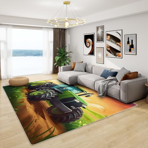 Teppich Traktor Kinderzimmer - Teppich Wohnzimmer Schlafzimmer Kinder Traktor, Kleiner Teppich Grün Traktor, Weich Kurzflor & Waschbar & rutschfest Fussmatte Innen, Kinderteppich 50x80 cm