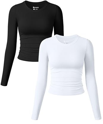 OQQ Womens Tight T-Shirt Long Sleeve Ruched Top Crew Neck Tops Ladies Basic Shirt Black White
