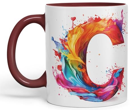 Vixar Letter C Mug, Alphabet Letter C Monogram Watercolour Ceramic Coloured Mug Cup for Tea Coffee Hot Brew 330ml 11Oz Gift (Maroon)