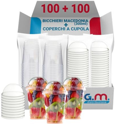 G.M. DISTRIBUZIONE 100 Bicchieri Macedonia o Frutta in PET da 300ml + 100 Coperchi A Cupola in PS, Bicchieri e Coperchi Trasparenti, Bicchiere Riutilizzabile Alta Qualità per Bar e Gelaterie
