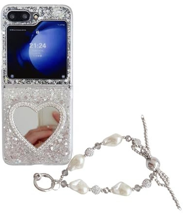 SCJLSDA Custodia per Samsung Galaxy Z Flip 6, con grazioso motivo a specchio a forma di cuore, lussuosa custodia per telefono riflettente al laser, con squisito braccialetto per donne e ragazze per Z
