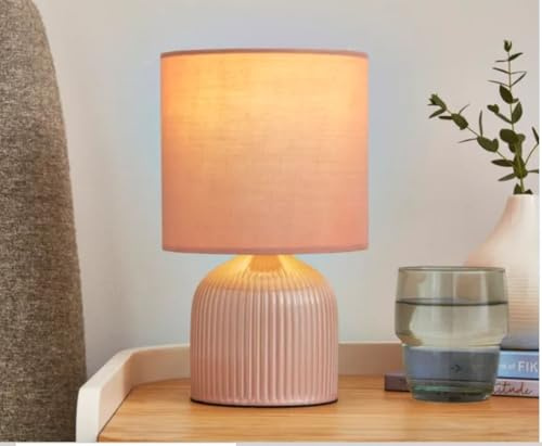 FT-Homestore New Ribbed Ceramic Table Lamp.This Great Value Contemporary Table lamp is Designed with a Modern Ribbed Ceramic Base and Soft Fabric Shade. (Blush Pink)