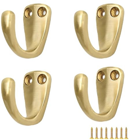PIYYQNY Wall Hooks Brass Coat Hook Heavy Duty Vintage Pure Copper Hanger Hook Robe Hook Wall Mounted with Screws for Keys Towels Bags Cups Hats(Matt Gold 4 Pack)
