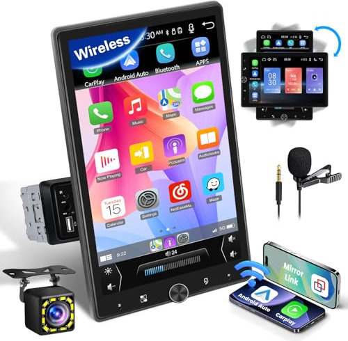 Inefala Autoradio CarPlay 1 DIN avec Android Auto sans Fil, Écran Tactile de 10,4 Pouces avec Bluetooth, Lien Miroir, FM EQ TF SWC AUX USB, Caméra de Recul