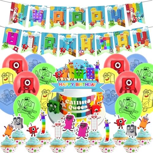 Blocks Number Theme Birthday Supplies - Kids' Party Decorations with Happy Birthday Banner, Cake Toppers & Favors