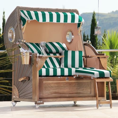 DERKORB Strandkorb 2,5 Sitzer Ostsee Classic mit Bullauge XXL Volllieger in Mahagoni, fertig montiert mit Rollen & Premium Schutzhülle (Grün Weiß Blockstreifen)