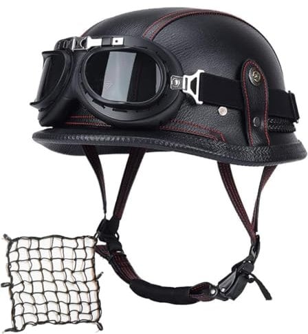 Labzaa Deutschen Motorradhelm Halbschalenhelm mit ECE, Retro Lederhelm Jethelme Vintage Mopedhelm mit Brille Sonnenblende, Offenem Helm für Herren und Damen C L