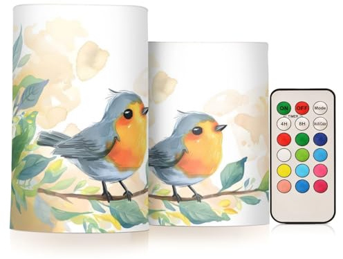 Mnsruu Flackernde flammenlose Kerzen, niedliche Rotkehlchen-Vogel-Szene, LED-Kerzen mit Fernbedienung, Timer, 2 Stück, batteriebetriebene Kerze, Heimdekoration