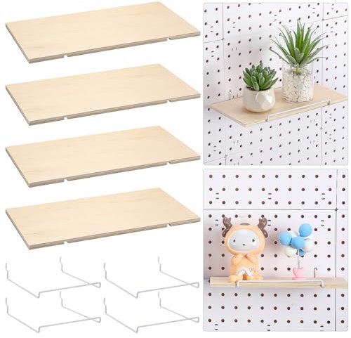 Wonderjune Stecktafel-Regale, Holz, Stecktafel, Ausstellungsregal, Ablageschale mit Metall-Stecktafel-Regalhalterungen, Wand-Stecktafel-Organizer, Zubehör für Garage, Zuhause, Werkbank, Kunst, 4 Stück