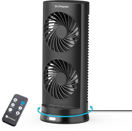 DR.PREPARE Desk Fan USB DC Tower Cooling Fan with Remote Control, DC Motor Portable Oscillating Fan, 3 Speeds, Dual Air Circulation, 110° Oscillation, Table Fan for Bedroom Dorm Room Office Desktop