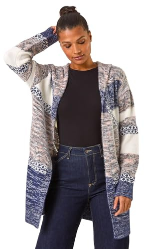 Roman Originals Women Cardigan - Ladies Longline Coatigan Tassel Open Front Cardi Winter Autumn Casual Textured Edge to Edge Yarn Patterned Comfy Work Going Out - Purple Ivory - Size 20