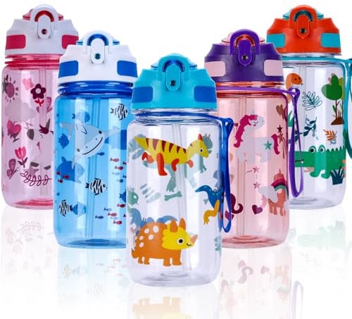 SUPPRUI Kids Water Bottles with Straw & Handle,600ml Toddler Drinks Bottle for School,Leakproof Children's Bottle BPA free Sport Bottles for Girls Boys (Blue - Dinosaur)