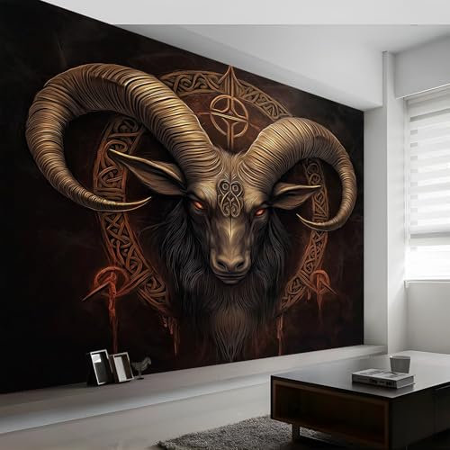 Wallpaper Mythology Ram Horns Dark Colors Brown Gold 79 X 55 (200 X 140 Cm Wxh) 3D Wall Mural Print Photo Wallpaper,Non-Woven Wall Mural Decoration Poster Picture Design,Modern Living Room