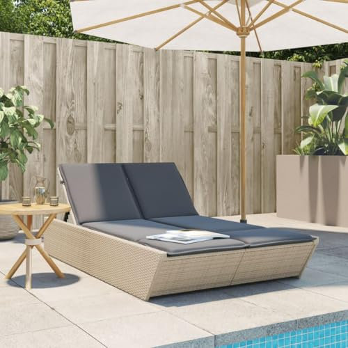 IKAYAA Doppelliege Outdoor 2 Personen Verstellbar Sonnenliege 2 Personen Rattan Sonnenliege Sonnenbett Loungebett Gartenbett mit Auflage Liege Outdoor Rattanliege Beige und Grau