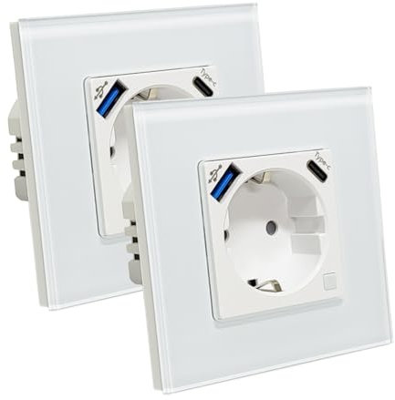 LED ATOMANT Pack 2x Enchufe de Pared Inteligente Cristal Wifi 16A con USB y USB C, Carga Rapida, Medidor de Consumo, Base Schuko para Empotrar, APP Smart Life, Compatible con Alexa y Google Home