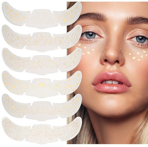 Glitzer Gesicht Sommersprossen Tattoo, 6 Stück Wasserfeste Fake Freckles, Goldene Sterne | Herz | Schmetterling Frecken Temporäre Tattoos, Klebetattoos für Erwachsene Festival Schminke