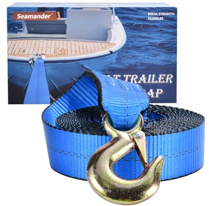 Seamander Sangle de treuil de remorque de bateau, robuste de rechange avec crochet de 5,1 x 6,1 m, résistance à la rupture de 4,9 kg, manivelle de rechange pour jet ski, remorquage automobile (bleu)