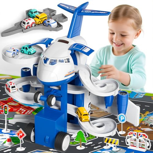 BLmukce Airplane Toy, Kids Race Track Car with Unique Spray Effect, Lights & Music, Friction Powered Wheel - Fun Educational Play Set for Boys and Girls Ages 3 4 5 6 Years Old (Blue)