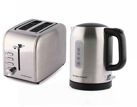 Hamilton Beach Kettle and Toaster Set, Electric Kettle, 1L, Toaster 2 Slice, Stainless Steel, Compact, Boil Dry Protection, Fast Boil, 6 Browning Levels, Defrost Cancel and Reheat - HB24031718SST
