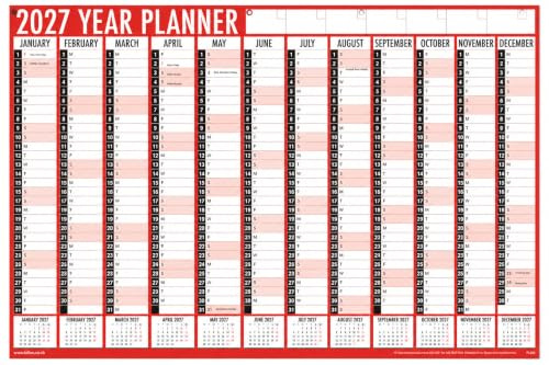 2027 Wall Planner, A1 Size 84 x 60 cm, Annual Calendar, Large Format, Red and White Full Year to View Calendar Home Office School