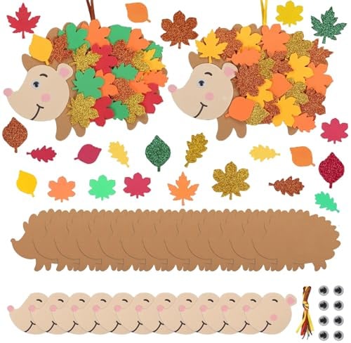 Dcsfadq 12 Igel Bastelsets für Kinder, Herbst Basteln Kinder Set, Igel Kreativ Dekoration mit Glitzer Ahornblatt, Herbstdeko für DIY Anhänger Deko Erntedankfest Bastelhandwerk Geschenk
