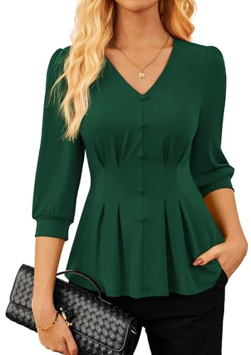 GRACE KARIN Women's Autumn Tops Elegant Blouse V-Neck 3/4 Sleeve Peplum Business Shirts Dark Green L